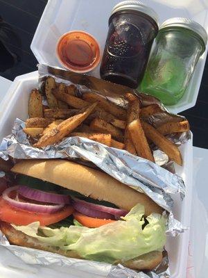 Vegetarian po boy with fries  Moonshine not included