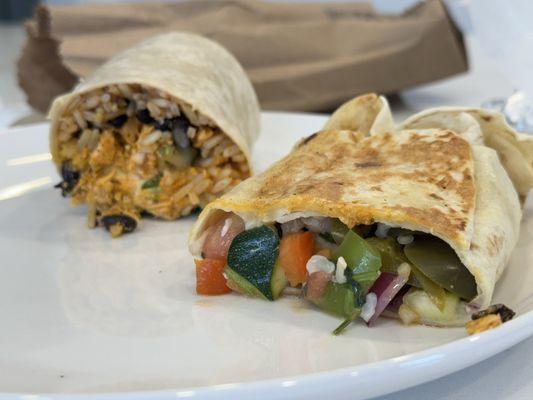Chicken burrito and veggie quesadilla
