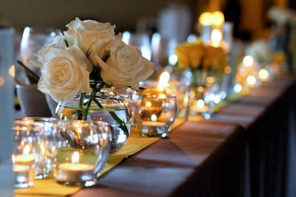 Floral, linen, candles. Grey & yellow wedding