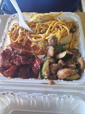 Chow mein, mushroom chicken, BBQ pork.