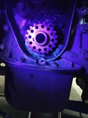 During inspection while doing timing we found evidence of a prior water pump leak. A UV light will tell you a lot about the car's history.