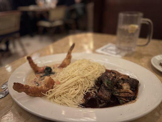 Shrimp Scampi and Steak Diane* (sub pasta for mashed potatoes)