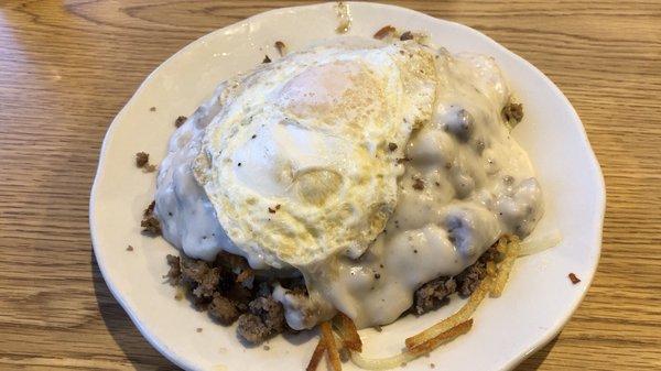 Half stack - Jamz Stack - one biscuit, hash browns, sausage (ham and bacon are other options) and gravy with an egg on top.