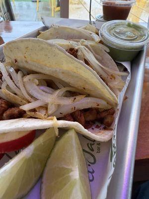 SUPER TACOS $18 Three tortillas with your choice of one protein, cilantro, and grilled onions, served with rice, beans, and guacamole