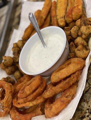 Onion rings, fried mushrooms, fried zucchini with the best ranch for dipping