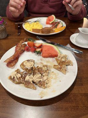 tiramisu french toast and classic egg breakfast