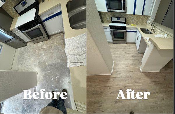 The before and after in a small kitchen with new vinyl flooring