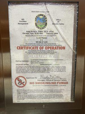 Certificate of operation. ELEVADOR