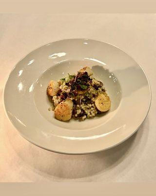 Seared scallops, Israeli couscous, Parmesan cream.