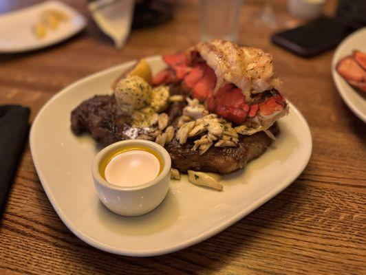 Ribeye with lump crab and lobster tail