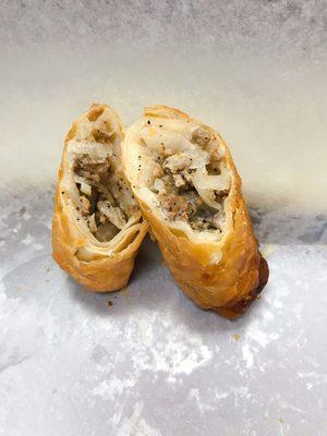 Cheese steak egg roll(ground steak, cheese, onion, and black pepper flavored)