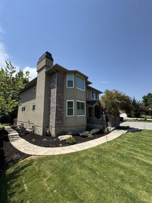 Flagstone Walkway, Grass, Sprinklers, Mulch, and Plants