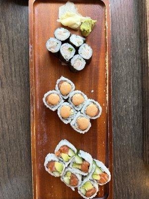 Yellowtail scallion Roll, Spicy Crunch Salmon Roll, salmon Avocado & Cucumber Roll