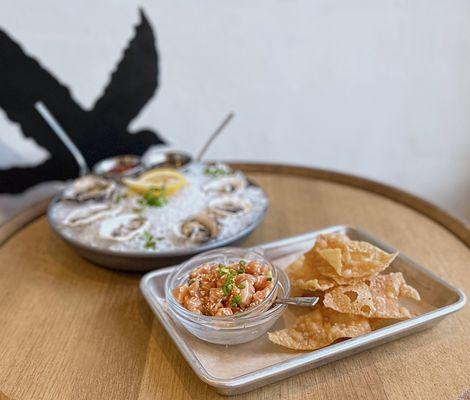 Salmon Ceviche w/ soy, ginger, sesame, scallion ($12) & Kusshie Oysters w/ cocktail sauce, champagne mignonette (6 pc - $22)