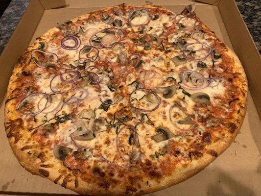 Takeout: large cheese pizza and added toppings of sausage, mushrooms, onions