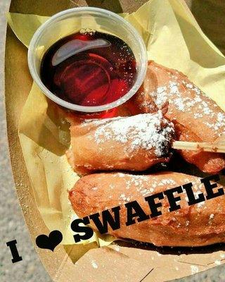 Swaffle! Our Gluten Free breakfast sausage dipped in homemade gf Belgium waffle batter and deep fried to golden goodness!