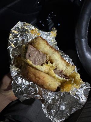 $10ish pork brisket egg and cheese biscuit sandwich
