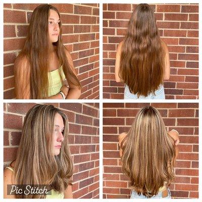 Before and after foilyage and long layered haircut