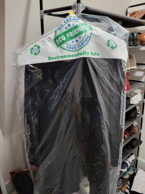Eco friendly dry cleaners! And comes with hanger and protective cover!