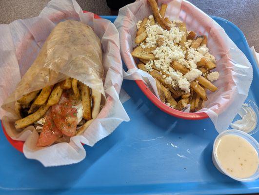 Traditional Pork Gyro (left) and Greek Fries, small (right)