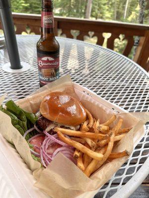 Burger, fries and a root beer.