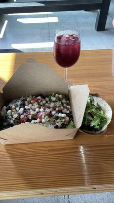 Greece salad, beef taco and red sangria.