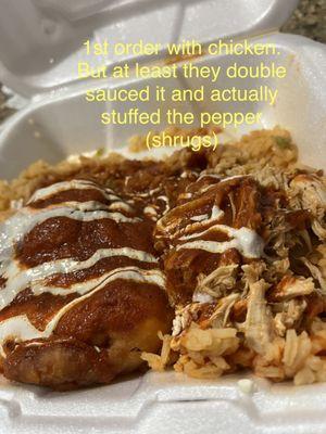 1st order came with chicken. The receipt said sub for ground beef in bold letters.
