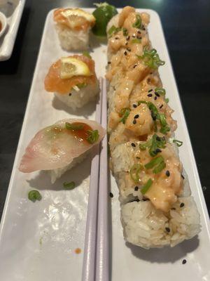 Salmon Nigiri red snapper Nigiri, and a Dragon roll