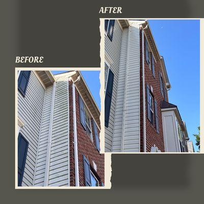 A dark, streaked strip of siding is restored to a bright, clean finish with precision washing.