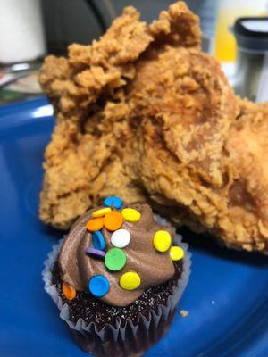 Fried chicken and a cupcake. Deli food. Chicken was great. Cupcake was chocolate. Nuff said.