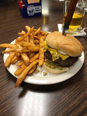 Olive Burger with fries. It's huge!