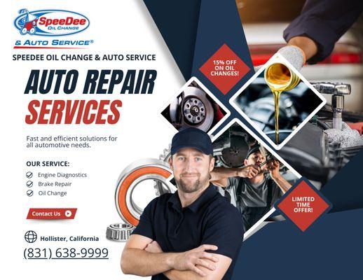Best Oil Change Center and Auto Repair Shop in Hollister, CA. Call Now (831) 638-9999