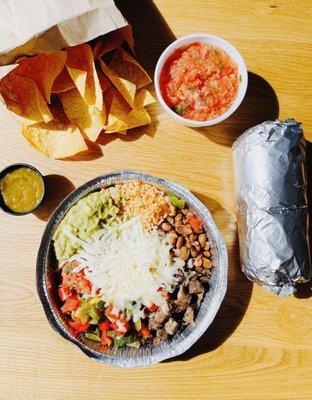 Chips & Salsa; Half + Half Steak & Roasted Veg Burrito Bowl; Half + Half Roasted Pork and Roasted Veg Burrito (both regular size)