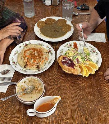 Spinach, bean and cheese papusa, lentil soup with falafel, scrambled eggs with veggies