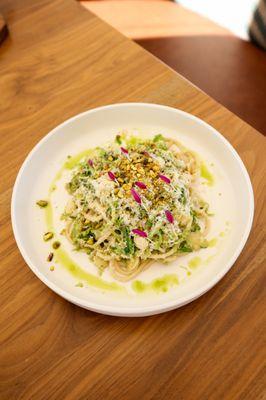 Brown Butter Bucatini: etto pasta, shaved brussels sprouts, and pistachios