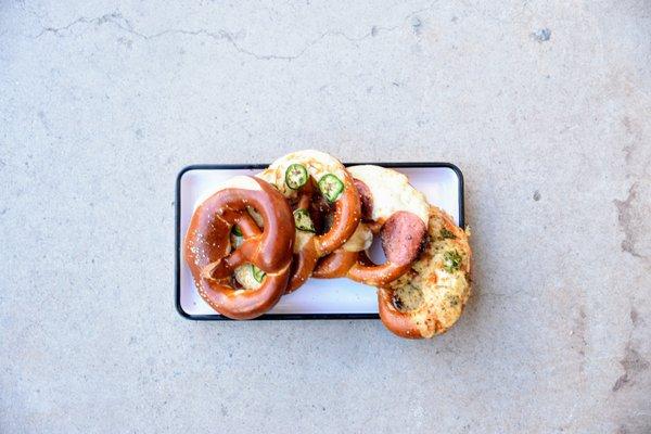 Pretzels with toppings at Dangerous Pretzel