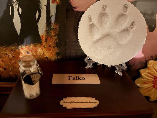 I paid for the little glass jar for his fur off Etsy and also the extra plaque below his name I purchased off Etsy.