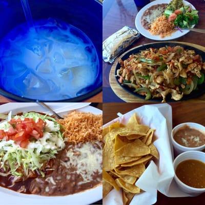 Horchata, cheese enchiladas, chips with salsa and beans, chicken fajitas - everything below average