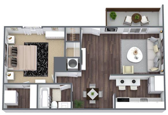 Hideaway Floor Plan: 1 Bed, 1 Bath