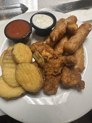 Our amazing trio beer, battered zucchini, and beer batter, mozzarella sticks with salt and pepper wings!
