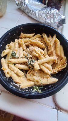 Penne pasta with spinich and sundried tomatoes in a spicy (somewhat) cream sauce.