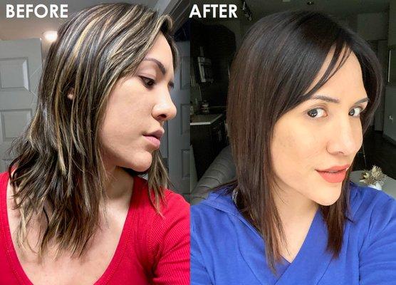 Before: Choppy, unblended layers and brassy highlights; After: Seamlessly blended layers and rich chestnut color. Thank you, Ciria!