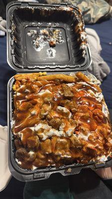 Chicken and Lamb Platter with fries and BBQ Sauce