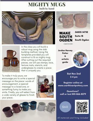 pottery workshop where you will build a mug by hand, no experience required