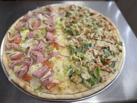 Have Grilled chicken Caesar half antipasto Pizza