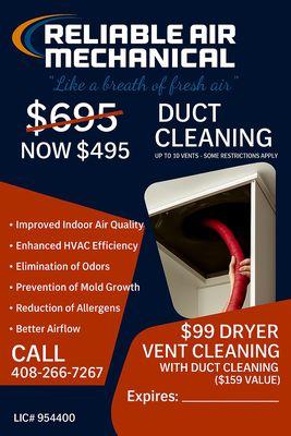 Fall special for duct cleanings $200 off the regular price.
Call today 408-266-7267