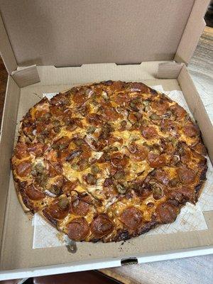 Pepperoni, Sausage, and Onion Pizza