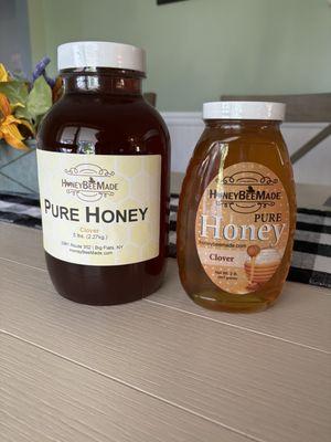 Many varieties of honey to choose from.