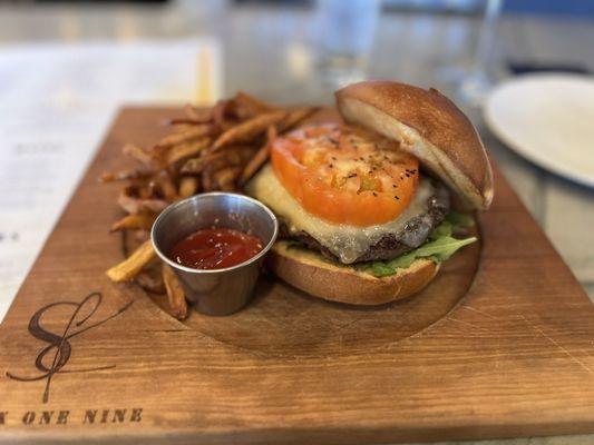 Burger on brioche with fries