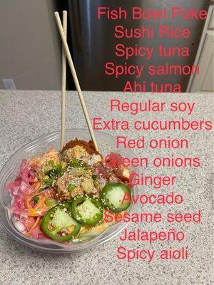 Sushi Rice, Spicy tuna,Spicy salmon, Ahi tuna,Regular soy, Extra cucumbers ,Red onion ,Green onions ,Ginger,Avocado ,Sesame seed Jalapeño.